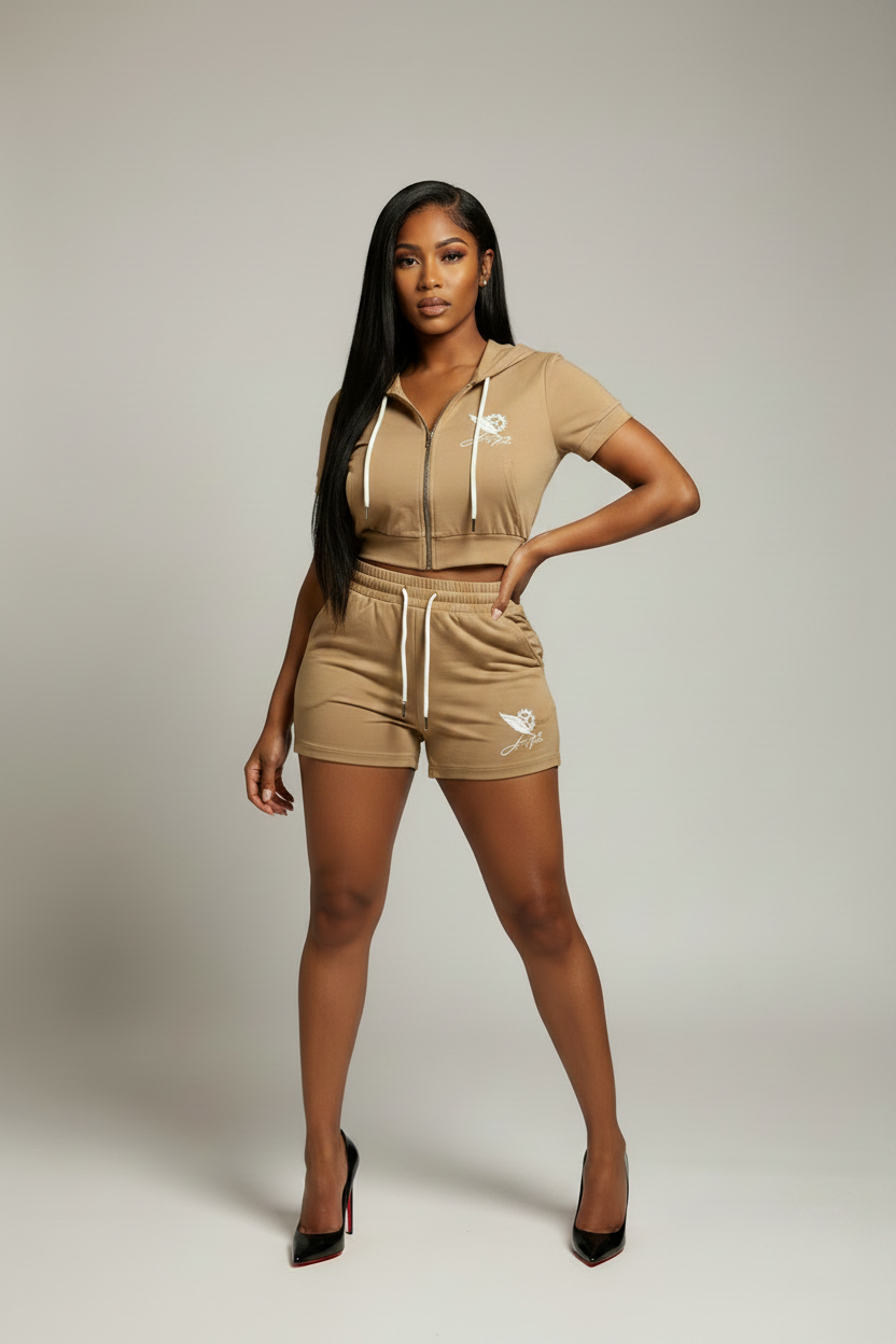 Tan Tracksuit with Red Bottom Heels